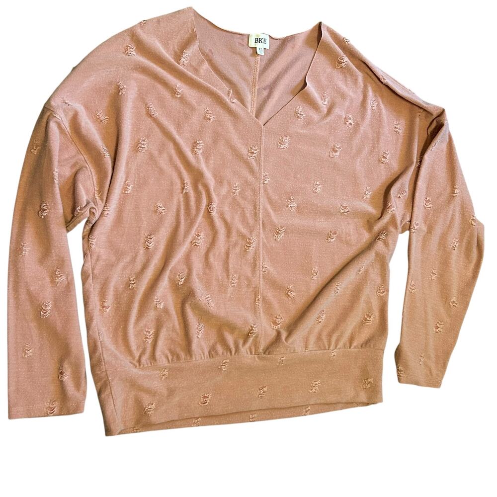 BKE Top SZ XL Peach Distressed Long Sleeve Boho Lagenlook Minimalist Buckles